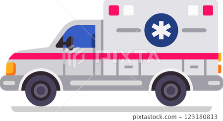 Side view of a modern ambulance car parked and waiting for an emergency call, representing fast emergency medical services and healthcare support 123180813