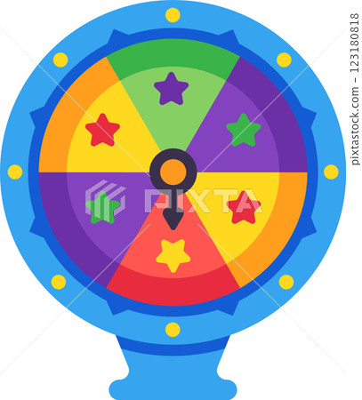 Wheel of fortune spinning and showing winning section, with bright colors and stars, representing luck, chance, and the excitement of games of chance 123180818