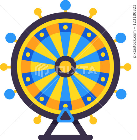 Vibrant and dynamic wheel of fortune is depicted, featuring alternating blue and yellow segments, symbolizing chance and the excitement of gambling and entertainment 123180823