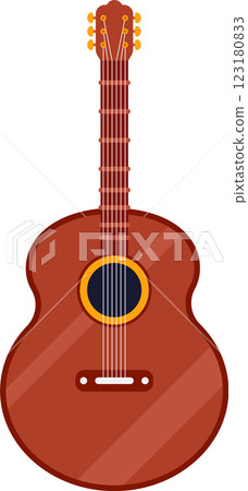 Classic wooden acoustic guitar featuring a prominent sound hole and tuning pegs, isolated against a clean white background, ideal for various music related projects and artistic endeavors 123180833