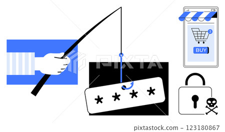 A hand holding a fishing rod hooks a password. Nearby, a lock, shopping cart and warning symbol illustrate cyber threats. Ideal for cybersecurity, online safety, phishing awareness, digital security 123180867