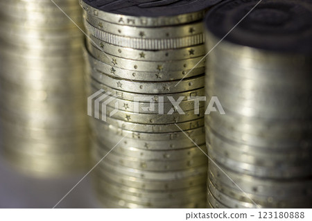 USSR anniversary rubles stacked in piles 123180888