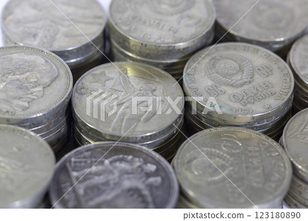 USSR anniversary rubles stacked in piles USSR anniversary rubles stacked in piles 123180890