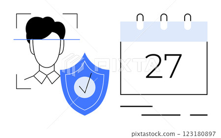 A simplified image of a person undergoing facial recognition, accompanied by a shield symbolizing security, and a calendar displaying the number 27. Ideal for biometrics, data protection, security 123180897