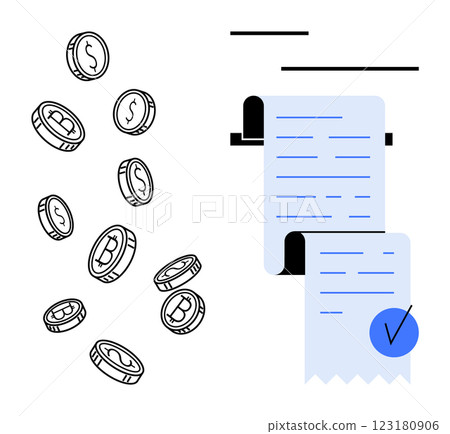 Coins with dollar and bitcoin symbols floating next to a long printed receipt with a blue checkmark. Ideal for finance, cryptocurrency, accounting, transactions, digital payments. Flat style Coins with dollar and bitcoin symbols floating next to a long printed receipt with a blue checkmark. Ideal for finance, cryptocurrency, accounting, transactions, digital payments. Flat style 123180906