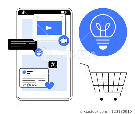 Mobile phone displaying social media interactions, accompanied by a shopping cart and an idea icon. Ideal for social media marketing, e-commerce, online communication, digital marketing, and mobile 123180910
