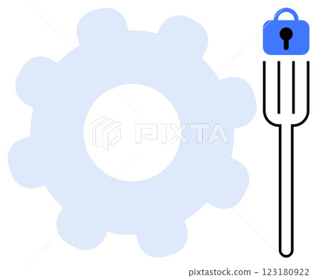 A light blue gear next to a black fork with a blue lock symbol. Ideal for technology, security, maintenance, protection, and system optimization themes. Flat design style 123180922