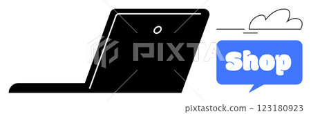 Laptop with a shop symbol in a blue speech bubble. Ideal for ecommerce, technology, online retail, digital marketing, internet shopping. Minimalistic flat design style with simple colours Laptop with a shop symbol in a blue speech bubble. Ideal for ecommerce, technology, online retail, digital marketing, internet shopping. Minimalistic flat design style with simple colours 123180923