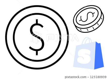 Large and small dollar coins with a shopping bag featuring an S. Ideal for e-commerce, digital transactions, financial growth, online shopping, and currency. Modern minimalist style Large and small dollar coins with a shopping bag featuring an S. Ideal for e-commerce, digital transactions, financial growth, online shopping, and currency. Modern minimalist style 123180939