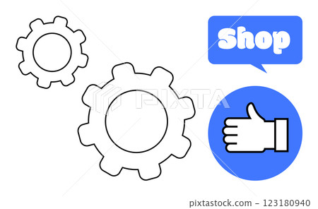 Two gear icons, a blue speech bubble with the word shop, and a blue circle containing a thumbs up icon. Ideal for e-commerce, business optimization, customer feedback, online shopping, and service Two gear icons, a blue speech bubble with the word shop, and a blue circle containing a thumbs up icon. Ideal for e-commerce, business optimization, customer feedback, online shopping, and service 123180940