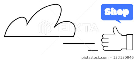 A cloud outline, thumbs up hand gesture, and speech bubble with the word shop in blue. Ideal for online shopping, e-commerce, digital marketing, website icons, and user interaction. Simple graphic 123180946