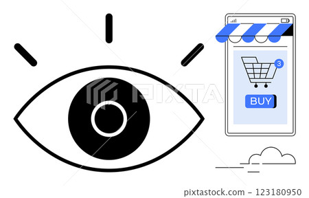 Large eye symbol next to a smartphone screen displaying a shopping cart and Buy button. Ideal for ecommerce, online shopping, digital marketing, consumer behavior, website UI UX. Simple modern style 123180950