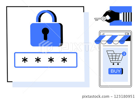 Large padlock with password entry box security key held by a striped hand and a, smartphone with online shopping elements Ideal for cybersecurity ecommerce safety online transactions and data 123180951