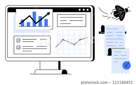 Computer monitor displays charts, graphs and checkboxes for data analysis. Floating documents with a checkmark, a bug icon add context. Ideal for business analytics, data visualization, report Computer monitor displays charts, graphs and checkboxes for data analysis. Floating documents with a checkmark, a bug icon add context. Ideal for business analytics, data visualization, report 123180952
