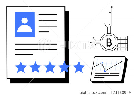 A digital profile with five-star ratings next to a Bitcoin symbol and a tablet displaying a line graph. Ideal for digital identity cryptocurrency reviews data visualization and blockchain technology 123180969