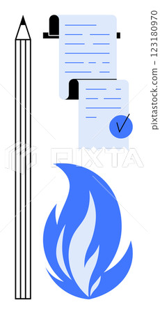 Pencil beside a scroll of notes and a checkmarked paper representing creativity and writing. A blue flame symbolizing inspiration. Ideal for writing, creativity, note-taking, inspiration, education Pencil beside a scroll of notes and a checkmarked paper representing creativity and writing. A blue flame symbolizing inspiration. Ideal for writing, creativity, note-taking, inspiration, education 123180970