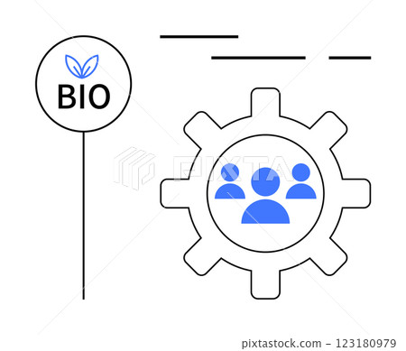 A gear with silhouettes of people and a circular BIO sign with a leaf. Ideal for biotechnology, teamwork, sustainability, environmental, and innovation concepts. Modern minimalist style 123180979