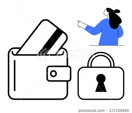 Wallet with credit card, security lock icon, and a woman pointing right. Ideal for digital payments, online security, fintech solutions, modern banking, and financial technology. Minimalist vector 123180980