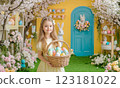 Easter with a girl with a basket 123181022