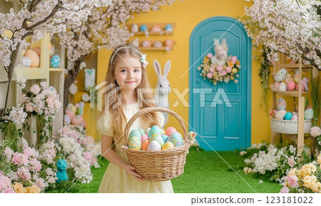 Easter with a girl with a basket 123181022