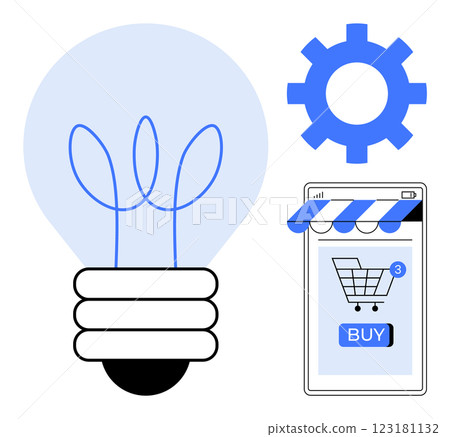 Light bulb next to online shopping cart on smartphone, and cogwheel symbol. Ideal for technology, online shopping, e-commerce, innovation, modern business. Simple vector style Light bulb next to online shopping cart on smartphone, and cogwheel symbol. Ideal for technology, online shopping, e-commerce, innovation, modern business. Simple vector style 123181132