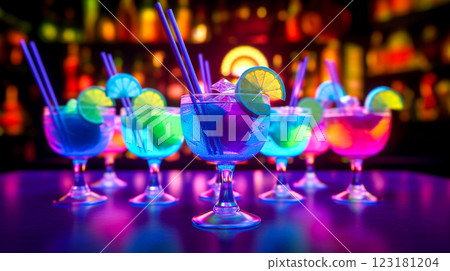 Whimsical rainbow 3D cocktails on a dark background in the glow of neon lights. Party at night club, bar. Celebration, festive time. Alcohol drinks. This is AI-generated item Whimsical rainbow 3D cocktails on a dark background in the glow of neon lights. Party at night club, bar. Celebration, festive time. Alcohol drinks. This is AI-generated item 123181204