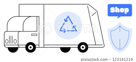A minimalist vector image of an eco-friendly delivery truck with a recycling symbol on the side. Ideal for sustainability, delivery services, e-commerce, environmental protection, and secure shopping 123181219