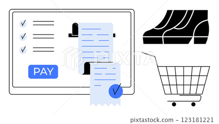 Shopping cart, receipt, and payment button on a screen with checkmarks. Ideal for e-commerce, online shopping, digital payments, retail, and order management. Clean and modern style Shopping cart, receipt, and payment button on a screen with checkmarks. Ideal for e-commerce, online shopping, digital payments, retail, and order management. Clean and modern style 123181221
