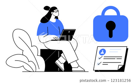 Woman using laptop, securing data with lock, next to document with checkmarks. Ideal for cybersecurity, online privacy, data protection, secure communication, remote work. Simple modern style 123181256