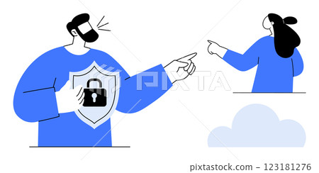 Two figures, one with a security shield and another pointing towards a cloud. Ideal for security awareness, cloud storage, online protection, team collaboration, digital communication. Cartoonish 123181276