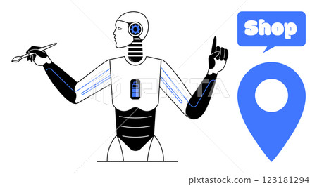 Futuristic robot with tools and shopping symbol representing technology and retail. Ideal for e-commerce, robotics, artificial intelligence, retail innovation, and futuristic technology services Futuristic robot with tools and shopping symbol representing technology and retail. Ideal for e-commerce, robotics, artificial intelligence, retail innovation, and futuristic technology services 123181294