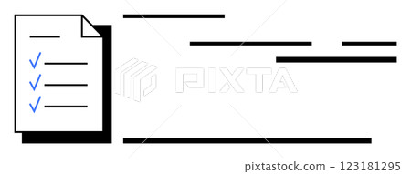 Document with three blue checkmark points followed by horizontal black lines. Underlined text lines to the right. Ideal for organization planning task management productivity efficiency. Minimalist 123181295