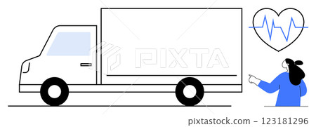 A minimalist style of a truck, a woman pointing to a heartbeat monitor inside a heart symbol. Ideal for healthcare supply chains, medical logistics, emergency services, health transportation A minimalist style of a truck, a woman pointing to a heartbeat monitor inside a heart symbol. Ideal for healthcare supply chains, medical logistics, emergency services, health transportation 123181296