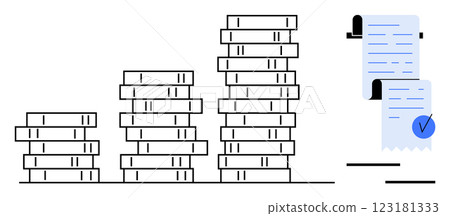 Stacks of coins increase in height from left to right with two rolled receipts on right. Ideal for financial planning, bookkeeping, budgeting, accounting, economic growth. Simple clean vector style 123181333