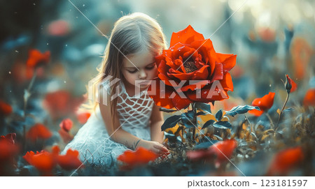 A sad little girl in a summer garden sitting on the ground leaning against the bud of a big red rose. Surrealistic fine art. Children's fairy tale. This is AI-generated item 123181597