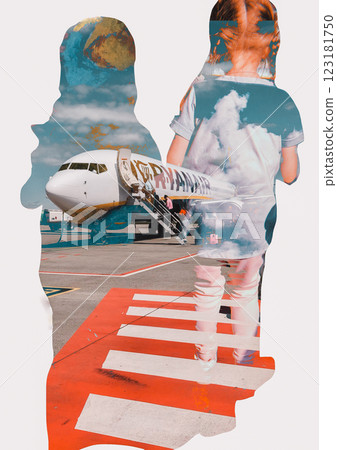 Silhouettes of little girls going to the airplane. Summertime trip on plane against sky clouds. Ryanair aircraft. Vertical banner for travel agency. 123181750