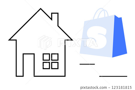 Simple line art showing a house and a shopping bag. Ideal for online shopping home delivery e-commerce and retail. The minimalist style emphasizes convenience and modern consumer habits 123181815