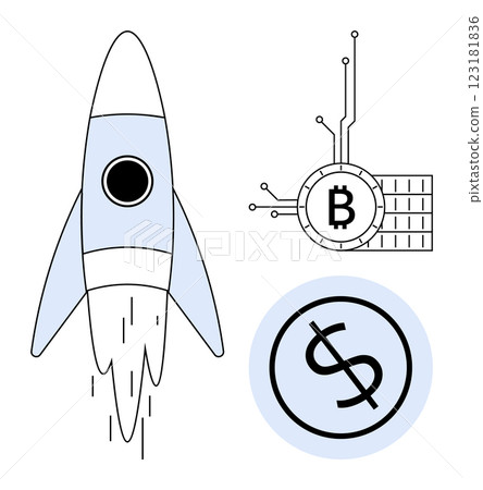 Rocket launching with a dollar symbol and Bitcoin icon emphasizes cryptocurrency growth and innovation. Ideal for finance, technology, investment, blockchain, and market trends themes. Clean Rocket launching with a dollar symbol and Bitcoin icon emphasizes cryptocurrency growth and innovation. Ideal for finance, technology, investment, blockchain, and market trends themes. Clean 123181836