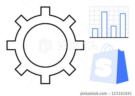 Large gear with bar graph and shopping bag. Ideal for business, technology, marketing, commerce, and analytics. Clean and modern style 123181841