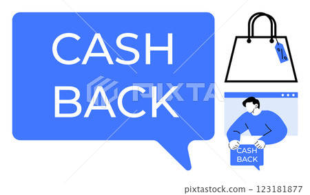 A blue speech bubble reads Cash Back. A shopping bag with a price tag and a person holding a box labeled Cash Back are visible. Ideal for finance, e-commerce, savings, retail, consumer benefits A blue speech bubble reads Cash Back. A shopping bag with a price tag and a person holding a box labeled Cash Back are visible. Ideal for finance, e-commerce, savings, retail, consumer benefits 123181877