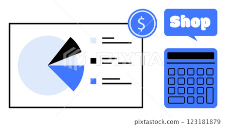Diagram showcasing a pie chart next to a calculator and a speech bubble with the word shop. Ideal for financial data, online shopping, business analytics, budget planning, digital sales. Modern Diagram showcasing a pie chart next to a calculator and a speech bubble with the word shop. Ideal for financial data, online shopping, business analytics, budget planning, digital sales. Modern 123181879