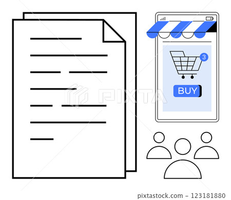A smartphone screen with a shopping cart and people icons is depicted alongside a stack of documents. Ideal for online shopping, e-commerce, mobile commerce, digital marketing, and business A smartphone screen with a shopping cart and people icons is depicted alongside a stack of documents. Ideal for online shopping, e-commerce, mobile commerce, digital marketing, and business 123181880