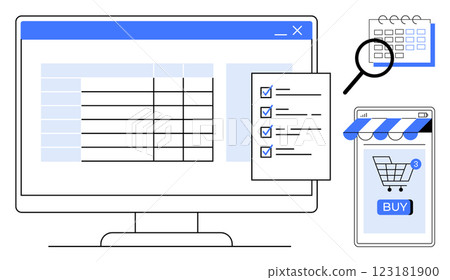 A computer screen displays spreadsheet software next to a task checklist, magnifying glass over a calendar, and a smartphone shopping cart interface. Ideal for digital organization, shopping 123181900