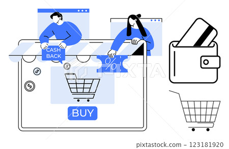 Online shopping concept with digital wallet, shopping cart and discount elements. Ideal for e-commerce, finance, digital payments, retail sales, customer rewards programs. Modern line art style Online shopping concept with digital wallet, shopping cart and discount elements. Ideal for e-commerce, finance, digital payments, retail sales, customer rewards programs. Modern line art style 123181920