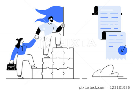 Man holding flag guides woman up stairs made from puzzle pieces. Large document with checkmark represents goals. Ideal for teamwork, leadership, collaboration, business success, goal setting. Modern 123181926