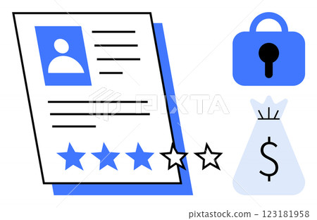 Profile sheet features a star rating system. A secured padlock and money bag icon next to the document. Ideal for business, finance, security, personnel evaluation, and data protection themes. Simple 123181958