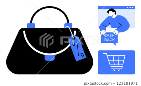 Large black handbag with price tag in foreground, customer holding cash back sign, and shopping cart icon in background. Ideal for retail, e-commerce, sales promotions, fashion, online shopping. Flat 123181971