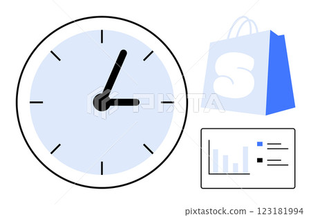 Large clock beside a blue shopping bag with S and a data chart. Ideal for themes like time management, business efficiency, shopping, data analytics, and productivity. Simple modern style 123181994