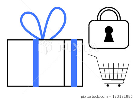 Gift box with blue ribbon on left side. Lock symbol and shopping cart icon on right side. Ideal for ecommerce, online shopping security, holiday promotions, gift services, and digital marketing Gift box with blue ribbon on left side. Lock symbol and shopping cart icon on right side. Ideal for ecommerce, online shopping security, holiday promotions, gift services, and digital marketing 123181995