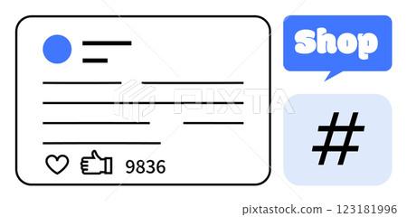 A social media post card with like and heart icons, a blue Shop speech bubble, and a hashtag symbol. Ideal for online marketing, social networking, e-commerce, branding, and content creation 123181996